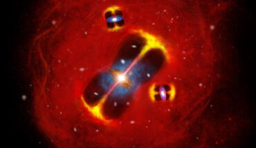 An artist’s impression of the forming galaxy cluster SPT2349-56: radio jets from active galaxies embedded in a hot intracluster atmosphere (red), illustrating a large thermal reservoir of gas in the nascent cluster. Image credit: Lingxiao Yuan.