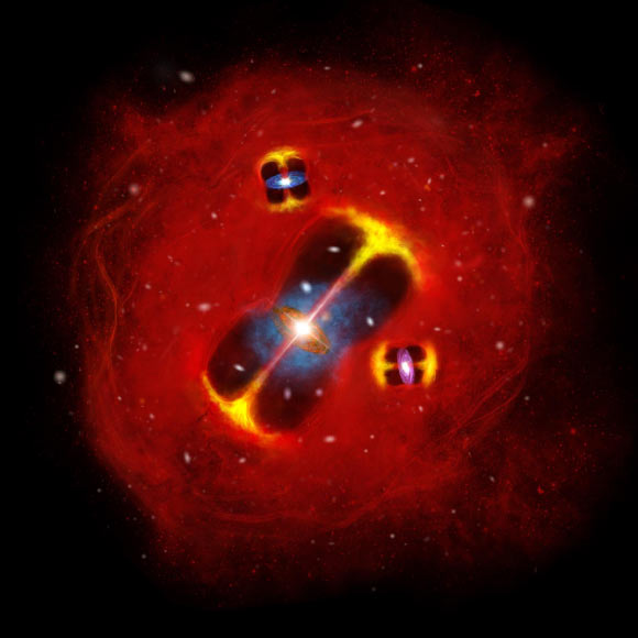 An artist’s impression of the forming galaxy cluster SPT2349-56: radio jets from active galaxies embedded in a hot intracluster atmosphere (red), illustrating a large thermal reservoir of gas in the nascent cluster. Image credit: Lingxiao Yuan.