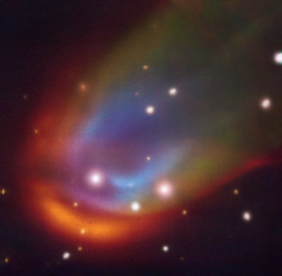 This image, taken with the MUSE instrument on ESO’s Very Large Telescope, shows a shock wave around RXJ0528+2838. Image credit: ESO / Iłkiewicz et al.