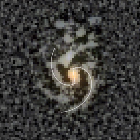 COSMOS-74706: an unsharp mask overlaid onto the F200W, F277W, and F356W filter composition; the white lines are logarithmic spirals fitted to points along the arm structures and a line segment fitted to the approximately North to South aligned bar structure. Image credit: Daniel Ivanov.