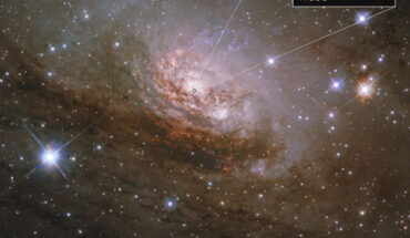 The Hubble image shows the Circinus Galaxy, a spiral galaxy about 13 million light-years away in the southern constellation of Circinus; a close-up of its core from Webb shows the inner face of the hole of the donut-shaped disk of gas disk glowing in infrared light; the outer ring appears as dark spots. Image credit: NASA / ESA / CSA / Webb / Hubble / Enrique Lopez-Rodriguez, University of South Carolina / Deepashri Thatte, STScI / Alyssa Pagan, STScI / NSF’s NOIRLab / CTIO.