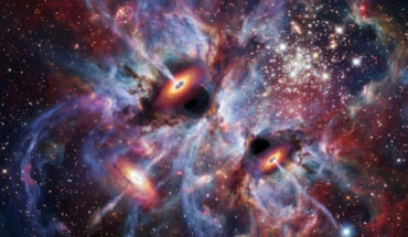 Computer visualization showing baby black holes growing in a young galaxy in the early Universe. Image credit: Maynooth University.