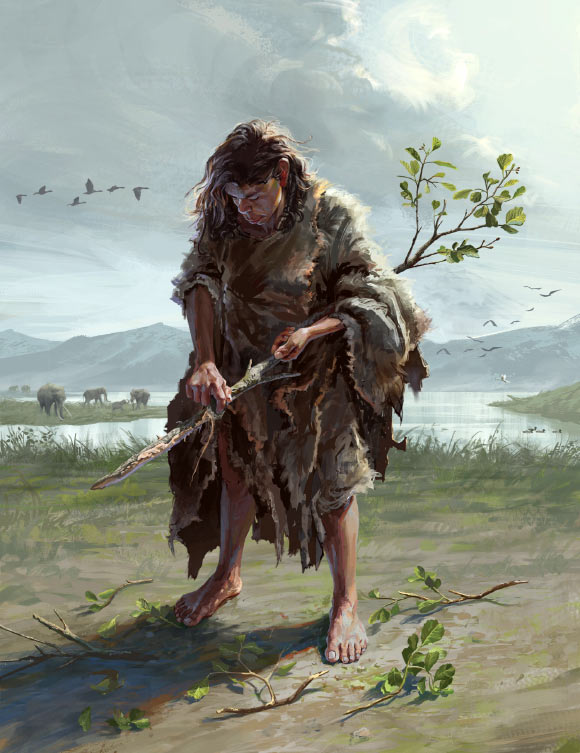 An artist’s impression of a Marathousa 1 woman producing a digging stick from a small alder tree trunk with a small stone tool. Image credit: G. Prieto / K. Harvati.