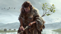 An artist’s impression of a Marathousa 1 woman producing a digging stick from a small alder tree trunk with a small stone tool. Image credit: G. Prieto / K. Harvati.
