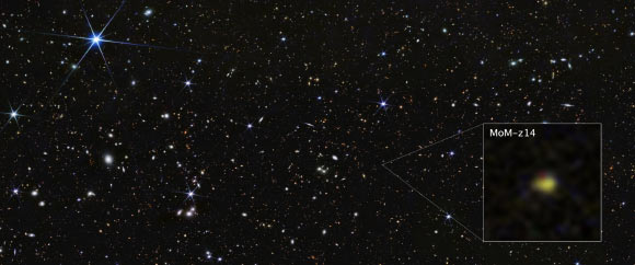 This Webb image shows the galaxy MoM-z14 as it appeared in the distant past, only 280 million years after the Big Bang. Image credit: NASA / ESA / CSA / STScI / Rohan Naidu, MIT / Joseph DePasquale, STScI.