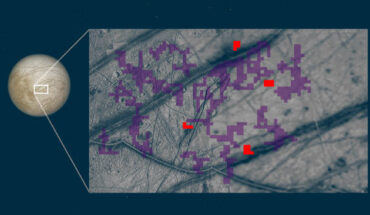 In this composite image, red pixels mark locations on Europa’s surface where ammonia-bearing compounds were detected; purple indicates no such detection. Image credit: NASA / JPL-Caltech.