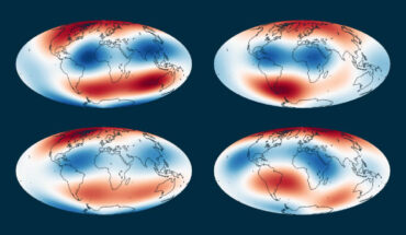 Two enormous blobs of solid, superheated material located at the base of Earth’s mantle affect the underlying liquid outer core. Image credit: Biggin et al., doi: 10.1038/s41561-025-01910-1.