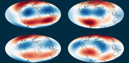 Two enormous blobs of solid, superheated material located at the base of Earth’s mantle affect the underlying liquid outer core. Image credit: Biggin et al., doi: 10.1038/s41561-025-01910-1.