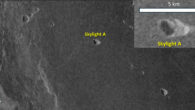 Magellan radar image of Venus displaying several pit chains and the identified skylight, marked as A, potentially providing access to the subsurface (i.e., empty void); the white arrow indicates the radar illumination direction. Image credit: NASA / Carrer et al., doi: 10.1038/s41467-026-68643-6.