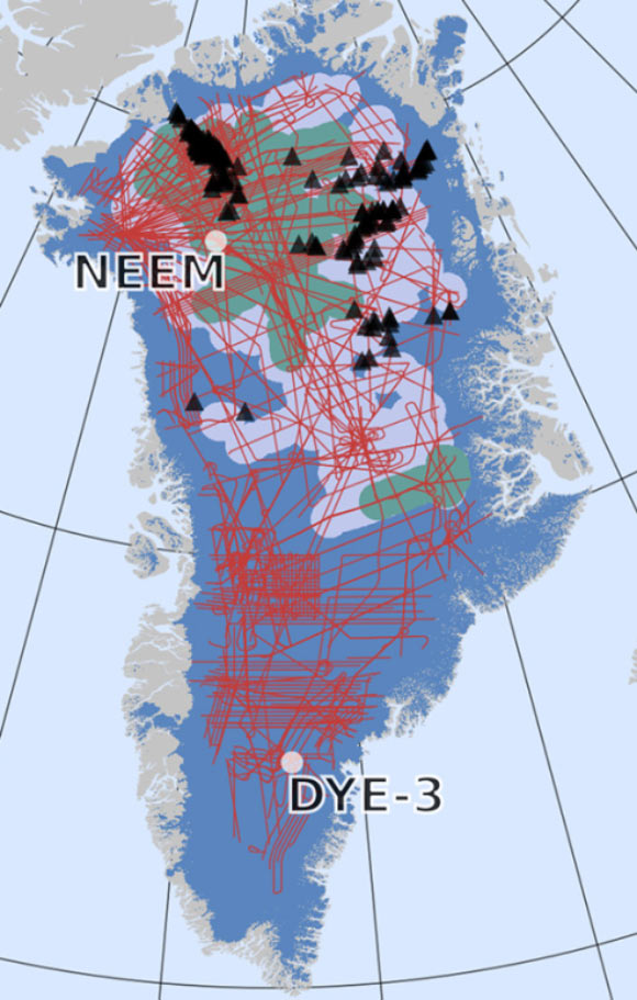 Location of large plume-like structures (triangles) hidden deep within the Greenland Ice Sheet. Image credit: Leysinger Vieli et al., doi: 10.1038/s41467-018-07083-3 / Law et al., doi: 10.5194/tc-20-1071-2026.