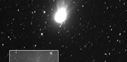 This image of the interstellar comet 3I/ATLAS was captured by the JANUS camera aboard ESA’s Juice spacecraft on November 6, 2025, just seven days after the comet made its closest approach to the Sun. At the time, Juice was about 66 million km (41 million miles) away from the comet. The inset in the image shows the same data, but processed to highlight the coma structure. The arrows in the top left indicate the direction in which the comet was moving (blue) and the relative direction of the Sun (yellow). Image credit: ESA / Juice / JANUS.