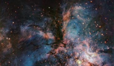 This VLT/HAWK-I image shows the emission nebula RCW 36; while the dark clouds in the middle of the image make up the head and body of the bird of prey, the filaments extending away from the body to the left and right compose its wings; below it, is a mesmerising blue nebula with massive newly born stars, whose intense radiation make the gas around them glow brightly. Image credit: ESO / do Brito do Vale et al.