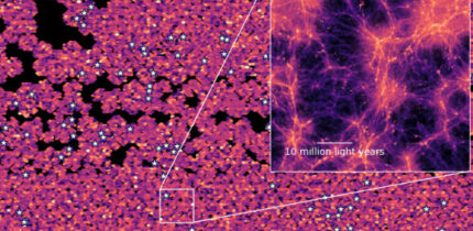 Section of the Line Intensity Map created by charting the distribution and concentration of excited hydrogen (via the Lyman alpha wavelength) in the Universe around 10 billion years ago. The stars mark where HETDEX has found galaxies. The inset simulates the structure present in this map once it is zoomed in on and background noise is removed from the data. Image credit: Maja Lujan Niemeyer / Max Planck Institute for Astrophysics / HETDEX / Chris Byrohl / Stanford University.