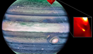 Webb captured the auroral footprints of Io and Europa, providing spectral measurements for the first time, and revealing extreme changes in the physical properties within Io’s auroral footprint that are likely linked to the electrons crashing into the top of Jupiter’s atmosphere. Image credit: NASA / ESA / CSA / Webb / NIRCam / Jupiter ERS Team / Judy Schmidt / Katie L. Knowles, Northumbria University.