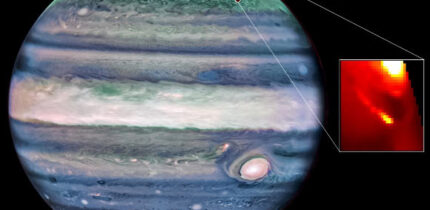Webb captured the auroral footprints of Io and Europa, providing spectral measurements for the first time, and revealing extreme changes in the physical properties within Io’s auroral footprint that are likely linked to the electrons crashing into the top of Jupiter’s atmosphere. Image credit: NASA / ESA / CSA / Webb / NIRCam / Jupiter ERS Team / Judy Schmidt / Katie L. Knowles, Northumbria University.