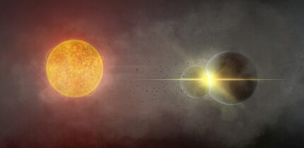 A planetary collision around star Gaia20ehk. Image credit: Andy Tzanidakis.