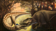 A Tyrannosaurus attacking an adult Edmontosaurus. Image credit: Jenn Hall.