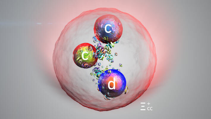 An artist’s impression of the doubly charmed baryon Ξcc⁺, which contains two charm quarks and one down quark. Image credit: CERN.