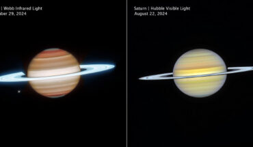 These Webb (left) and Hubble (right) images reveal Saturn in infrared and visible light. Image credit: NASA / ESA / CSA / STScI / A. Simon, NASA-GSFC / M. Wong, University of California / J. DePasquale, STScI.