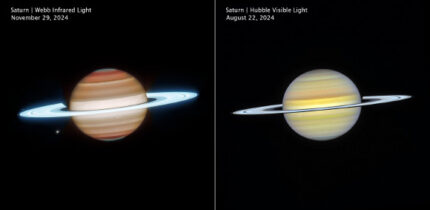 These Webb (left) and Hubble (right) images reveal Saturn in infrared and visible light. Image credit: NASA / ESA / CSA / STScI / A. Simon, NASA-GSFC / M. Wong, University of California / J. DePasquale, STScI.