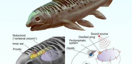 Reconstruction of a Triassic coelacanth schematically showing the otophysic connection linking the ossified lung to the inner ear and enabling underwater hearing. Image credit: A. Beneteau & L. Cavin, MHNG.