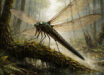 Gigantic griffinfly in a Carboniferous forest.