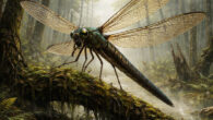 Gigantic griffinfly in a Carboniferous forest.