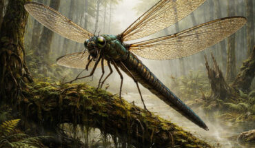 Gigantic griffinfly in a Carboniferous forest.