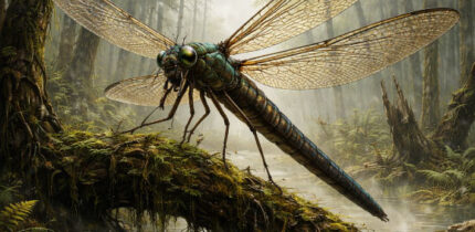 Gigantic griffinfly in a Carboniferous forest.
