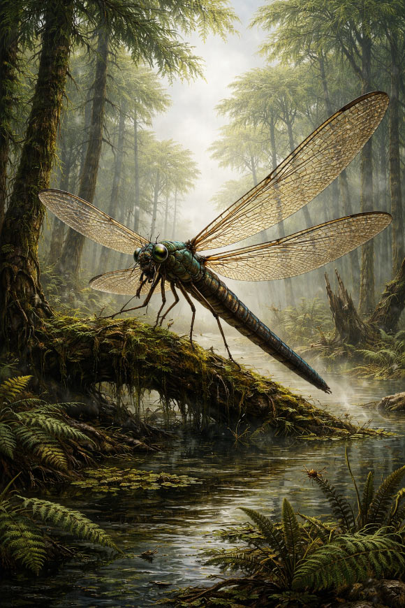 Gigantic griffinfly in a Carboniferous forest.