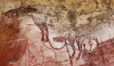 Large naturalistic style thylacine with sharp teeth from Injalak Hill, Northern Territory, Australia. Image credit: Craig Banggar.