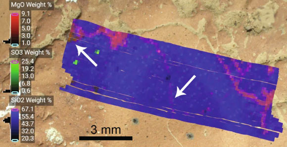 Nickel is present in bright magnesium-sulfate veins in Jezero crater on Mars, supporting an authigenic origin. Image credit: Manelski et al., doi: 10.1038/s41467-026-70081-3.