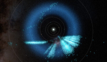 A model of the inner Solar System showing the asteroids discovered by Rubin in light teal; known asteroids are dark blue. Image credit: NSF / DOE / Vera C. Rubin Observatory / NOIRLab / SLAC / AURA / R. Proctor / NASA’s Goddard Space Flight Center Scientific Visualization Studio / ESA / Gaia / DPAC / M. Zamani, NSF’s NOIRLab.