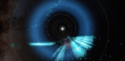 A model of the inner Solar System showing the asteroids discovered by Rubin in light teal; known asteroids are dark blue. Image credit: NSF / DOE / Vera C. Rubin Observatory / NOIRLab / SLAC / AURA / R. Proctor / NASA’s Goddard Space Flight Center Scientific Visualization Studio / ESA / Gaia / DPAC / M. Zamani, NSF’s NOIRLab.