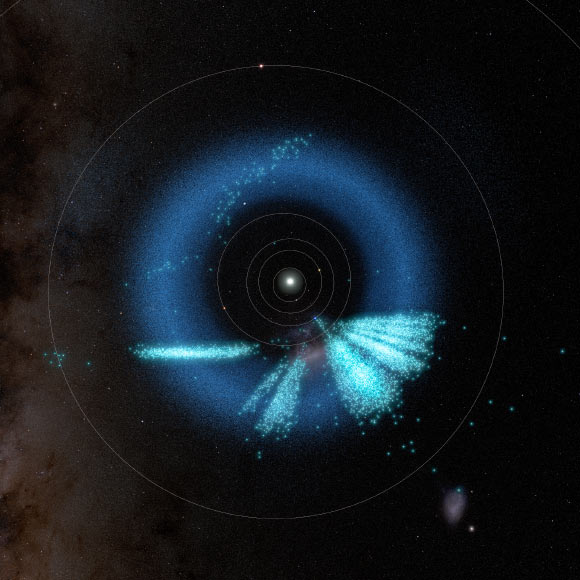 A model of the inner Solar System showing the asteroids discovered by Rubin in light teal; known asteroids are dark blue. Image credit: NSF / DOE / Vera C. Rubin Observatory / NOIRLab / SLAC / AURA / R. Proctor / NASA’s Goddard Space Flight Center Scientific Visualization Studio / ESA / Gaia / DPAC / M. Zamani, NSF’s NOIRLab.