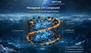 Illustration of the predicted hexagonal carbon hydride compound under Neptune-like interior conditions. In this structure, carbon forms the outer spiral chains (yellow) and hydrogen forms the inner spiral chains (blue), consistent with the quasi-one-dimensional superionic behavior identified in first-principles simulations. Image credit: Cong Liu.