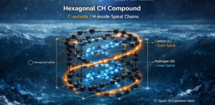 Illustration of the predicted hexagonal carbon hydride compound under Neptune-like interior conditions. In this structure, carbon forms the outer spiral chains (yellow) and hydrogen forms the inner spiral chains (blue), consistent with the quasi-one-dimensional superionic behavior identified in first-principles simulations. Image credit: Cong Liu.