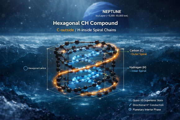 Illustration of the predicted hexagonal carbon hydride compound under Neptune-like interior conditions. In this structure, carbon forms the outer spiral chains (yellow) and hydrogen forms the inner spiral chains (blue), consistent with the quasi-one-dimensional superionic behavior identified in first-principles simulations. Image credit: Cong Liu.