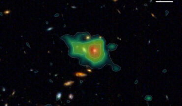 An enormous halo of hydrogen gas found in HETDEX data and superimposed over its location as seen in deep imaging from the NASA/ESA/CSA James Webb Space Telescope; present 11.3 billion years ago, this system glows from the combined light of many galaxies within it, with the brightest region represented in red. Image credit: Erin Mentuch Cooper, HETDEX / NASA / ESA / CSA / STScI.