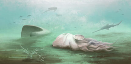 Reconstruction of a Paleocadmus decaying in the Mazon Creek marine basin; the separated shell is visible in the background; other Mazon Creek fauna are visible, such as the polychaete Esconites zelus (foreground) and Bandringa rayi, an elasmobranch shark (back left). Image credit: Franz Anthony.