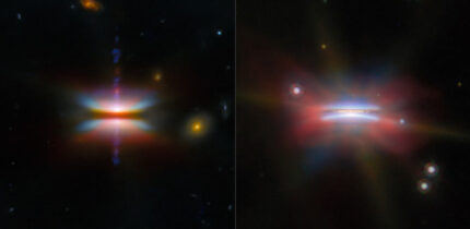 These composite images show protoplanetary disks Tau 042021 (left) and Oph 163131 (right). Image credit: NASA / ESA / CSA / Webb / Hubble / ALMA / ESO / NAOJ / NRAO / G. Duchêne / M. Villenave.