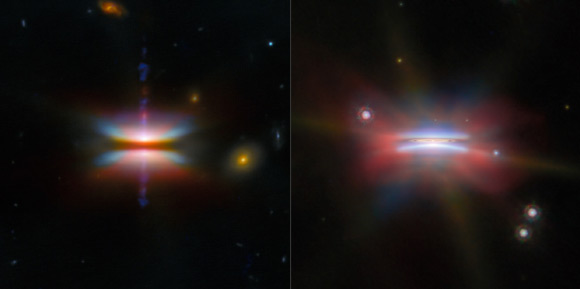 These composite images show protoplanetary disks Tau 042021 (left) and Oph 163131 (right). Image credit: NASA / ESA / CSA / Webb / Hubble / ALMA / ESO / NAOJ / NRAO / G. Duchêne / M. Villenave.