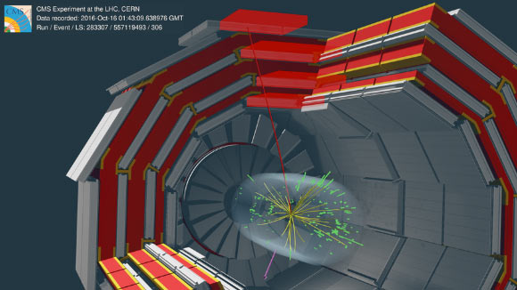 CMS candidate collision event for a W boson decaying into a muon (red line) and a neutrino that escapes detection (pink arrow). Image credit: CMS / CERN.