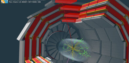 CMS candidate collision event for a W boson decaying into a muon (red line) and a neutrino that escapes detection (pink arrow). Image credit: CMS / CERN.