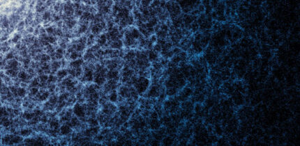 A small portion of DESI’s year-five map in which the large-scale structure of the Universe, created by gravity, is visible; each dot represents a galaxy; the denser areas indicate regions where galaxies and galaxy clusters have clumped together to form the strands of the cosmic web; also seen are large voids between the filaments. Image credit: DESI Collaboration / DESI Member Institutions / DOE / KPNO / NOIRLab / NSF / AURA / R. Proctor / M. Zamani, NSF’s NOIRLab.