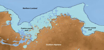 Illustration taken from orbiter data identifying the coastal shelf region on Mars; analogous features on Earth are signatures of our global oceans, and only form over long periods of time. Image credit: A. Zaki.
