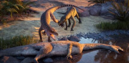 Eosphorosuchus lacrimosa (left) is disturbed by Hesperosuchus agilis (right) near a Coelophysis carcass at what will become modern-day Ghost Ranch, New Mexico, the United States. Image credit: Julio Lacerda.