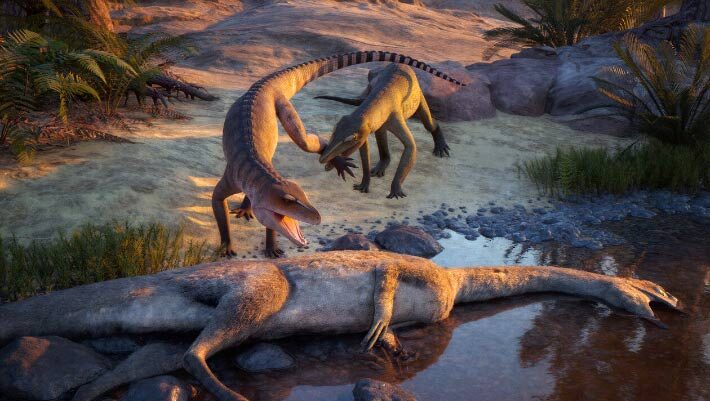 Eosphorosuchus lacrimosa (left) is disturbed by Hesperosuchus agilis (right) near a Coelophysis carcass at what will become modern-day Ghost Ranch, New Mexico, the United States. Image credit: Julio Lacerda.