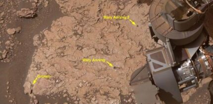 A close-up of three holes Curiosity drilled into Martian rock at a location nicknamed Mary Anning in October 2020. Image credit: NASA / JPL-Caltech / MSSS.