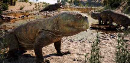 An artistic representation of a Late Triassic landscape of southern Brazil depicting individuals of Isodapedon varzealis in the foreground and a proterochampsid in the background. Image credit: Caio Fantini.
